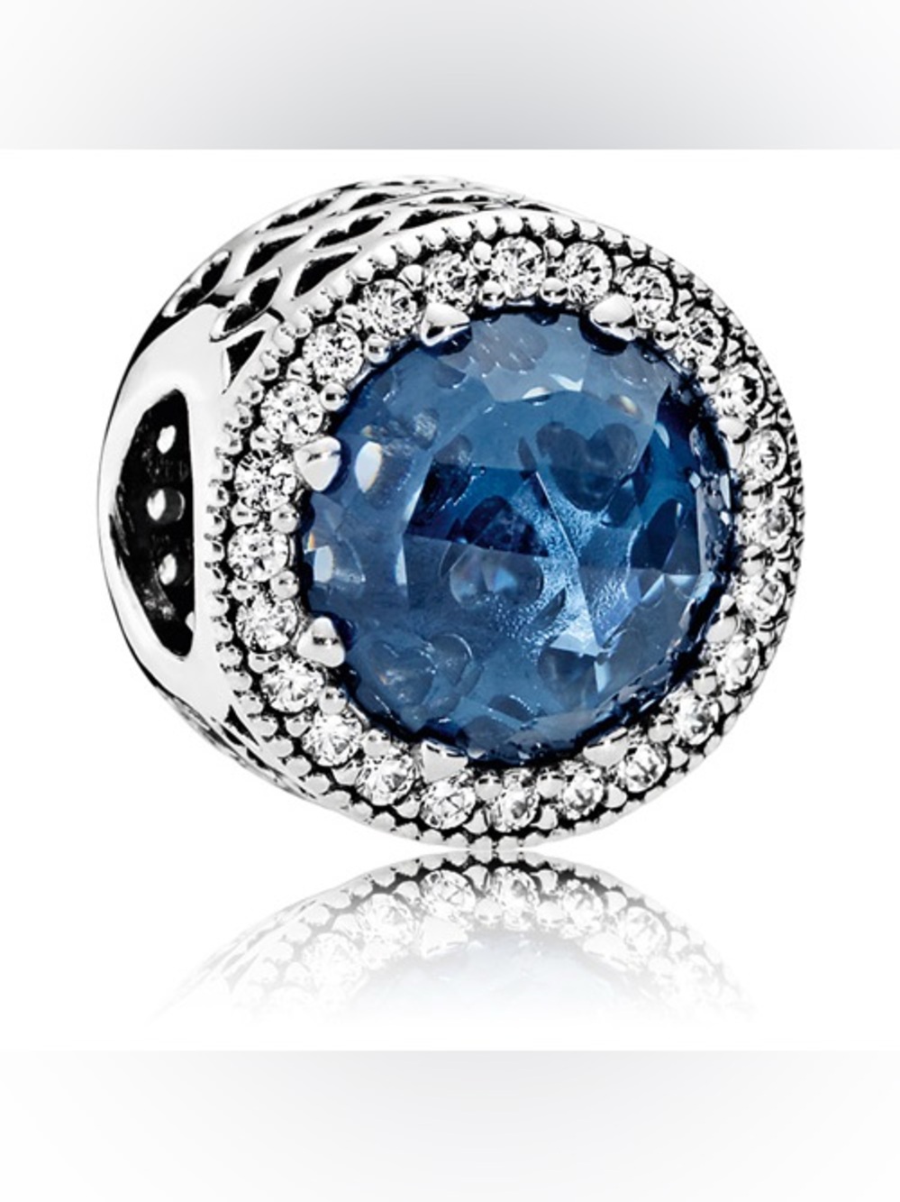 Pandora Radiant Hearts Charm in Moonlight Blue and CZ #791725NMB Sterling Silver